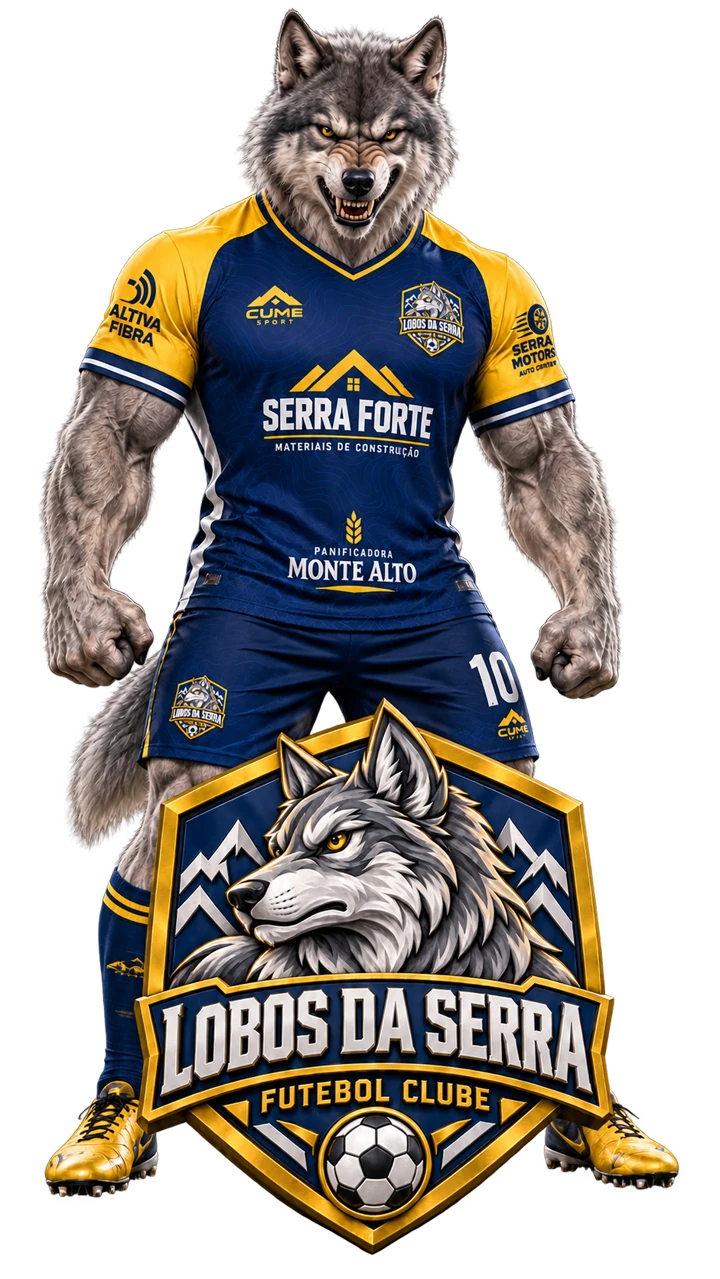 Mascote lobo do Lobos da Serra com o uniforme e o escudo do time
